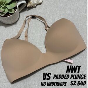 NWT Victorias Secret Bra-34D-Lightly Padded Plunge-No Wire-Beige-Covert Straps